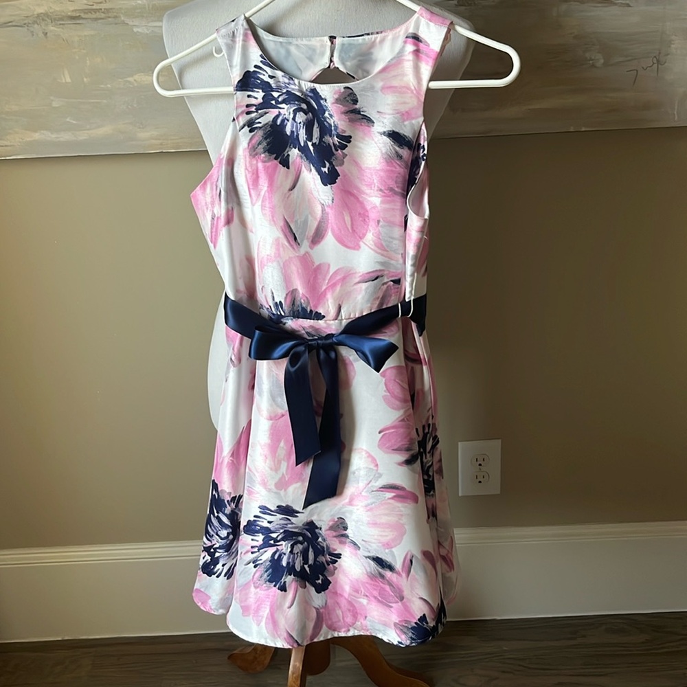 Pink & Violet pink and navy party dress with ribbon sash